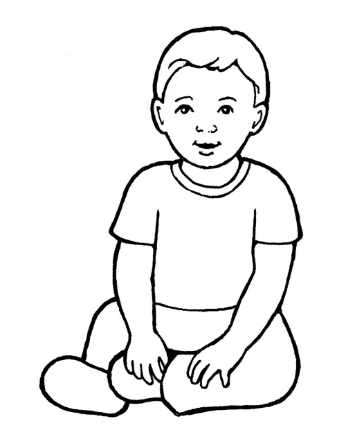 A black-and-white illustration of a baby boy sitting on the floor.