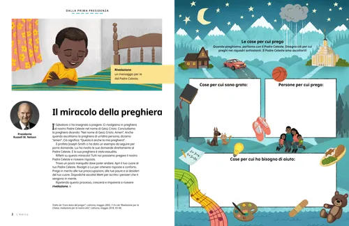 PDF della pagina con l’illustrazione di un bambino che prega; più un’attività per scrivere o disegnare cose per cui pregare