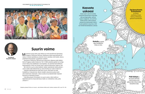 PDF-sivu, jolla on kuva sateessa istuvista ihmisistä sekä siementen kastelun väritystehtävä