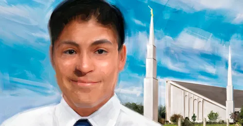 young man in front of the temple