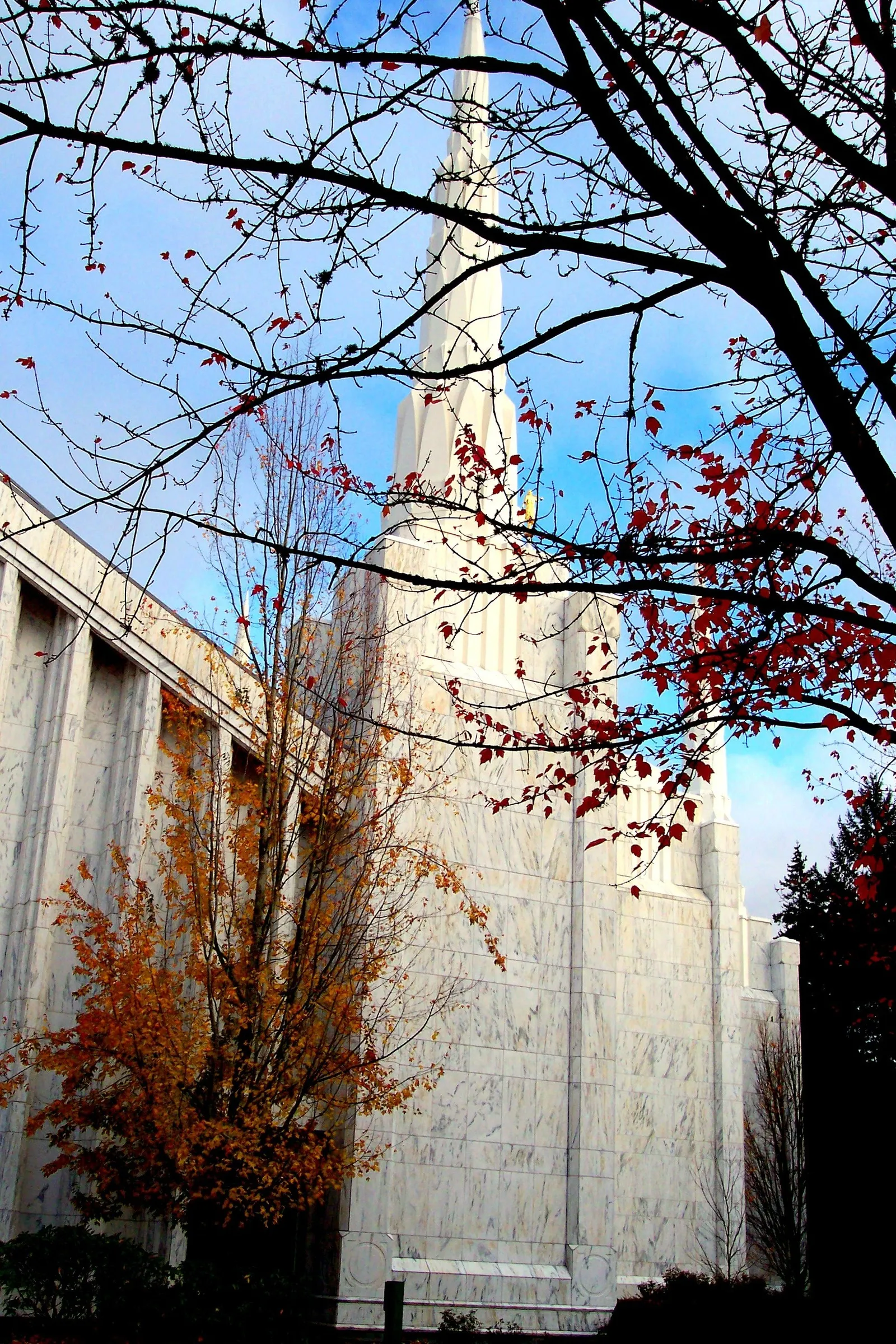 The Portland Oregon Temple spire, including scenery and the exterior of the temple.