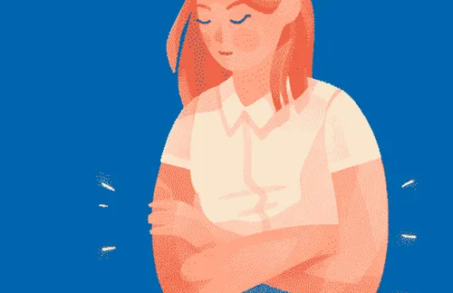 插圖：一位年輕女子低頭祈禱