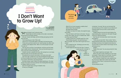 Story PDF with images of a girl sitting on her bed with her mother and thinking about her future