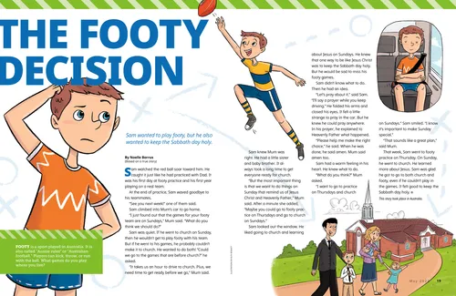 Page PDF with illustrations of a boy scratching his head, playing footy, praying in a car, and walking to church with his family