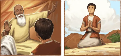 Lehi teaching Nephi, and Nephi praying