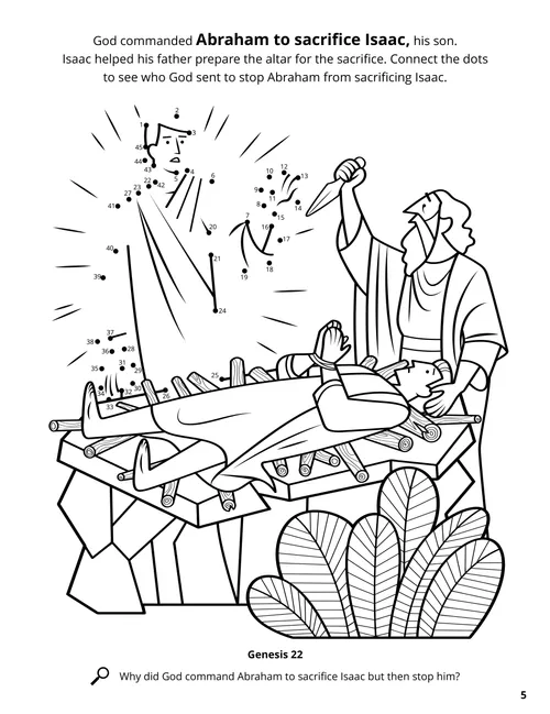 Coloring page PDF of Abraham ready to sacrifice Isaac, plus a dot-to-dot activity