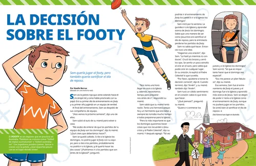 Página en PDF con ilustraciones de un niño rascándose la cabeza, jugando al footy, orando en un auto y caminando a la iglesia con su familia