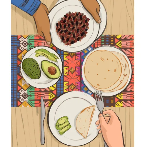 overhead view of meal being served