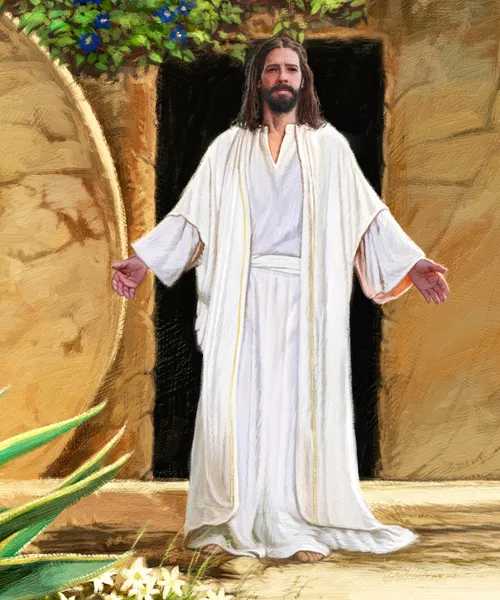 resurrected Christ standing in front of the empty tomb