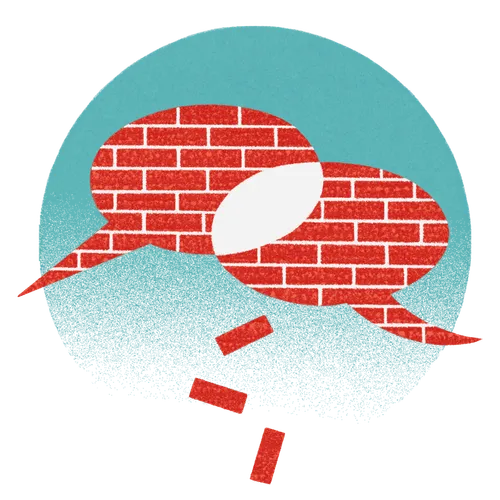 two speech bubbles made of bricks, with bricks falling away where the bubbles overlap