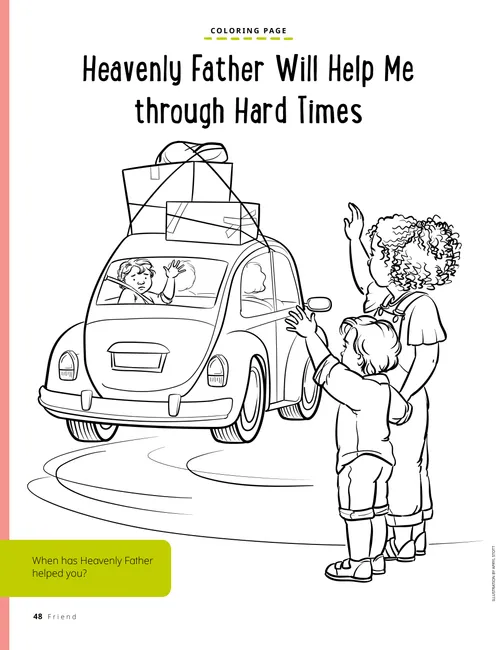 Coloring page PDF of a boy in a car with boxes tied to the top, driving away from a waving boy and woman
