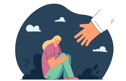 a hand reaching out to a sad woman