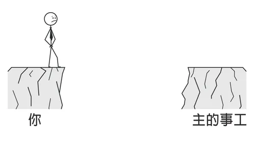 火柴人站在斷崖邊，隔著深淵的另一邊斷崖則標示著「主的事工」