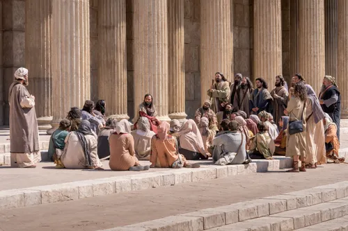 Jesus Christ teaches a small group near Jerusalem. With him are Thomas, Simon, Peter, Philip, Andrew, John, James, Matthew, Bartholomew, Thaddeus, James, and Judas.
