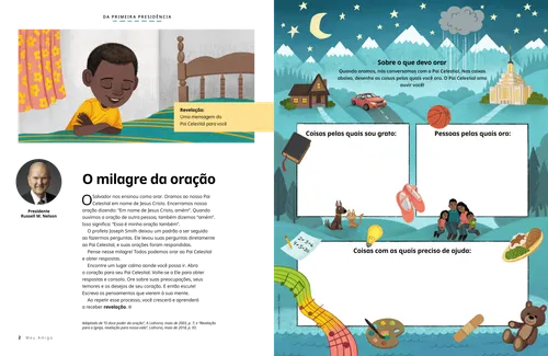 Menino ajoelhado orando ao lado da cama, e uma atividade sobre oração