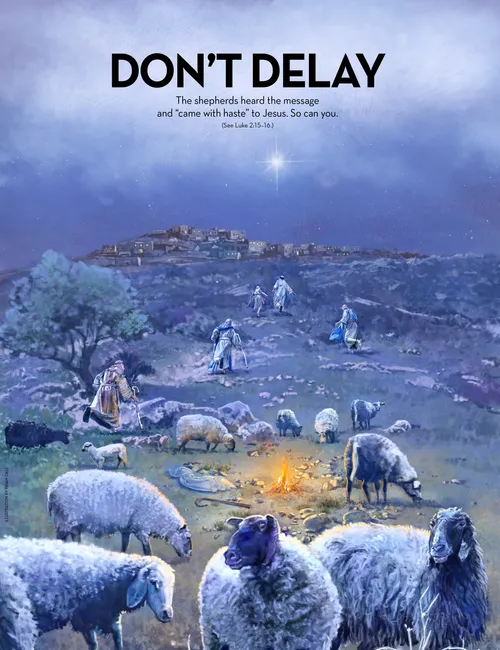 Shepherds leave their flocks to follow the star over Bethlehem.