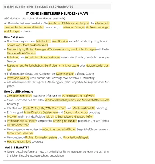 Stellenbeschreibung mit Markierungen