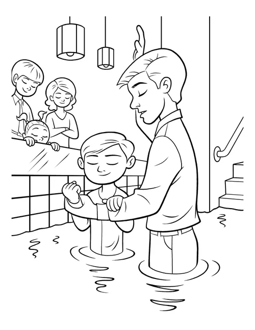 An image of a father baptizing his son in a baptismal font, with a boy, girl, and woman standing beside the font and closing their eyes in reverence.