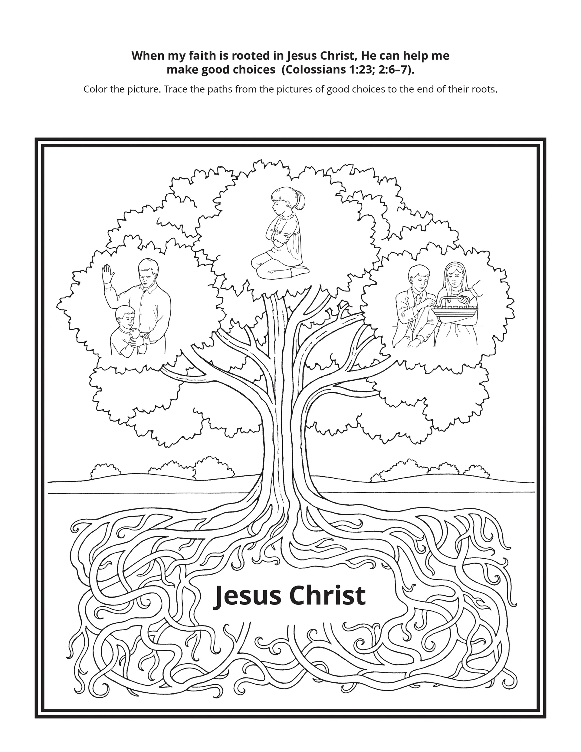 An illustration of a tree with images of prayer, baptism, and the sacrament.