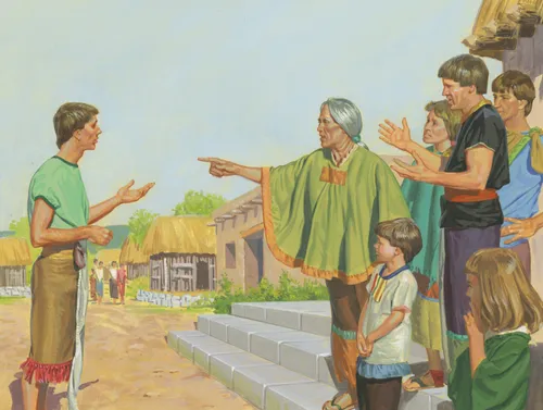 A painting by Jerry Thompson illustrating a group of the people of Ammonihah talking and standing on steps while pointing down at Alma, who is standing with arms outstretched.