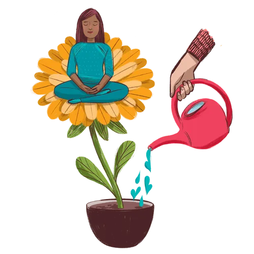 young woman sitting on an oversized flower while it is being watered