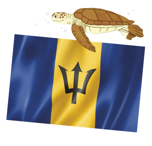 Photo of a blue and gold flag with a trident i the middle and illustration of a sea turtle