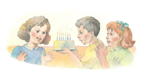 A watercolor illustration of a boy and girl carrying a birthday cake with lit candles toward another girl, who is smiling.