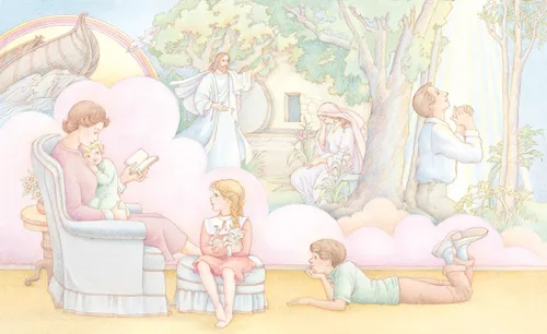 A watercolor illustration of a mother reading to her three children while the children imagine the scripture stories that she is reading to them.