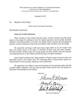 First Presidency Temple Ordinances Letter