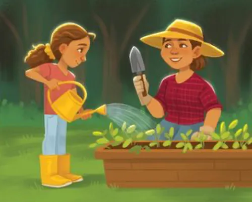 A little girl watering plants in a garden with mom