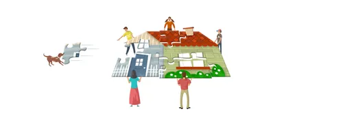 插图：一群人在拼一个像拼图的家