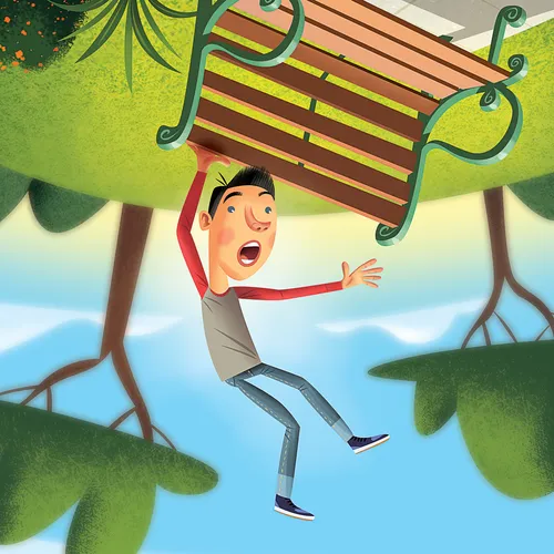 boy holding on to upside-down bench