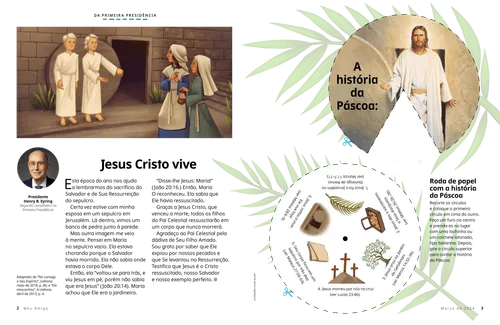 Página em PDF com ilustração de dois anjos conversando com duas mulheres do lado de fora do sepulcro vazio e uma atividade de recorte da roda da história da Páscoa