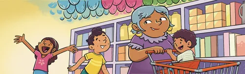 Margo, Paulo, mamie et le petit Lucas au magasin. Des œufs en chocolat emballés sont suspendus au plafond.