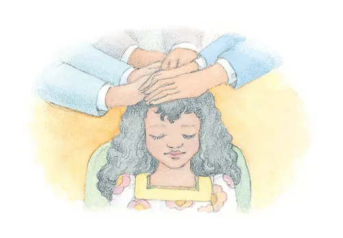 A watercolor illustration of a girl sitting in a chair, with three pairs of hands laid on her head, confirming her a member of the Church.