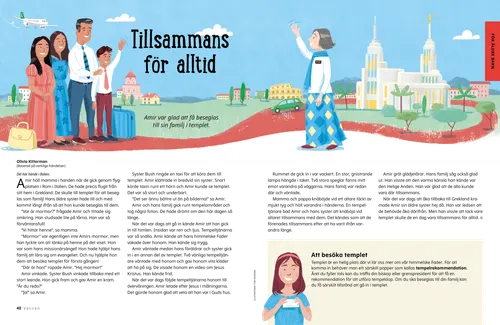 Pdf-sida av en familj med bagage och en systermissionär vid ett tempel.