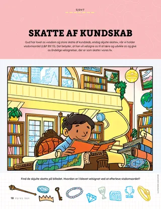 PDF-side med en kig-og-find-aktivitet af en dreng, der læser en bog på et bibliotek