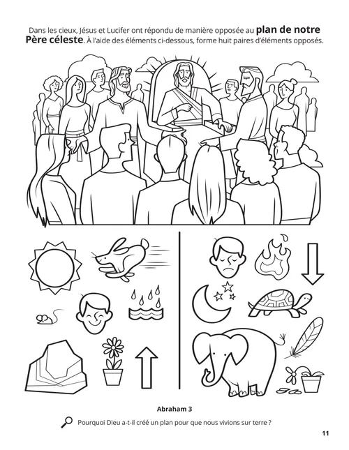 Coloriage au format PDF représentant le conseil dans les cieux, plus un jeu d’associations des opposés