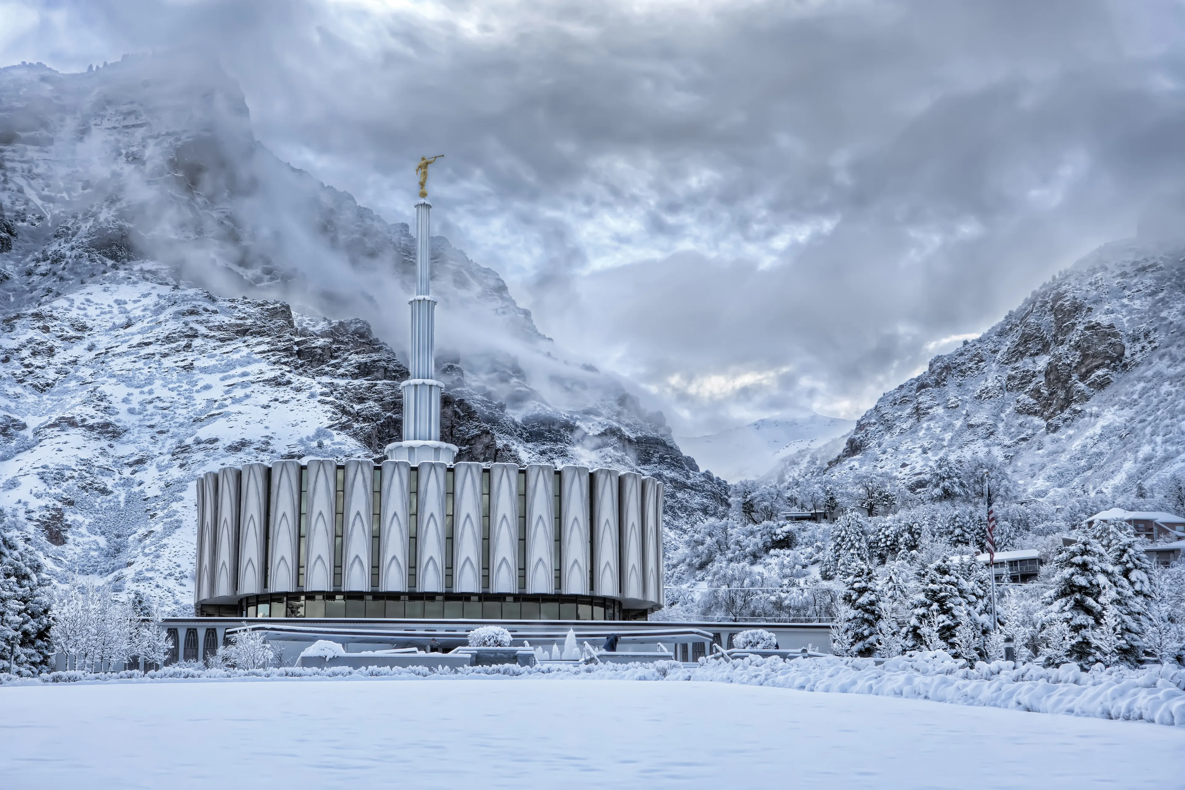 The Provo Utah Temple in the winter, including the entrance and scenery.