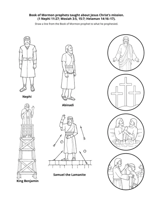 A line-art illustration of Nephi, Abinadi, King Benjamin, and Samuel the Lamanite.