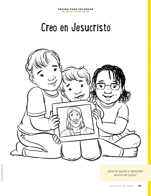 Página en PDF para colorear de tres niños sosteniendo una imagen de Jesucristo