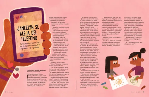 Página en PDF de una mano sosteniendo un teléfono celular y dos niñas dibujando juntas