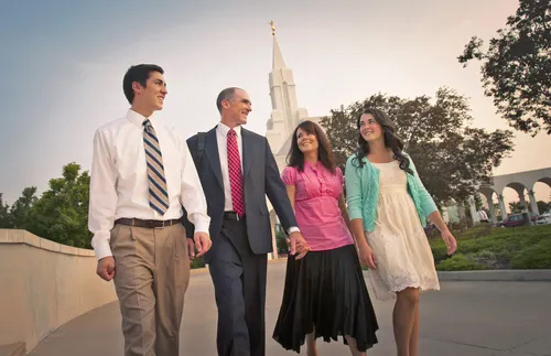family walking outside a temple