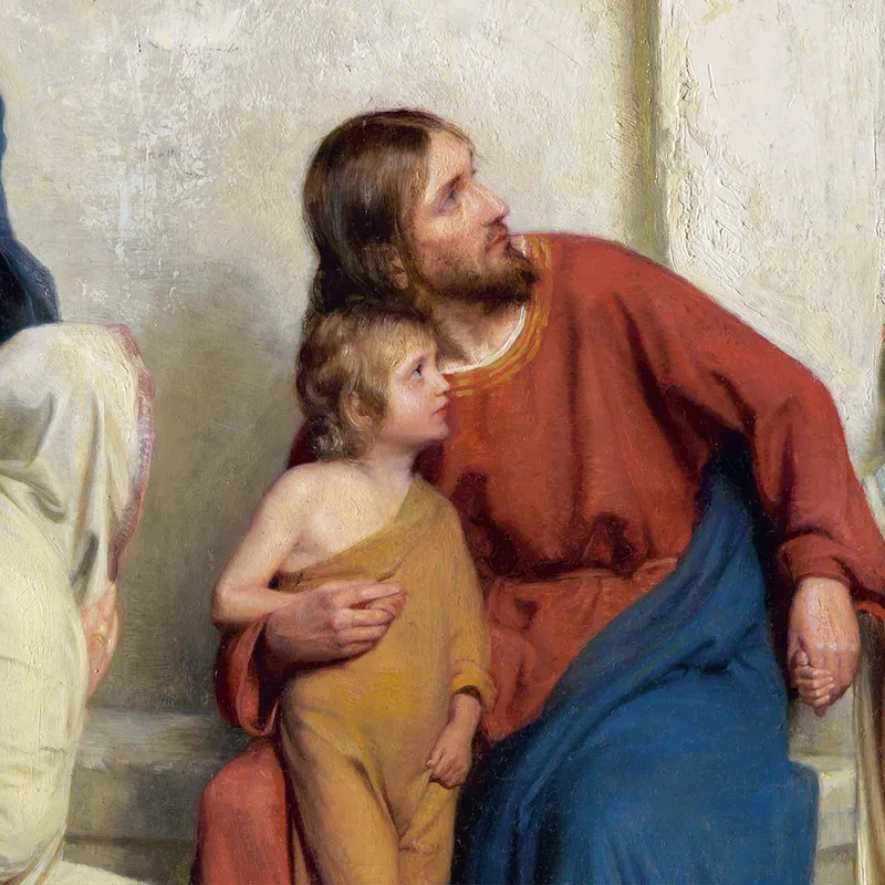 Jesus Christ with his arm around a child, teaching to be pure of heart