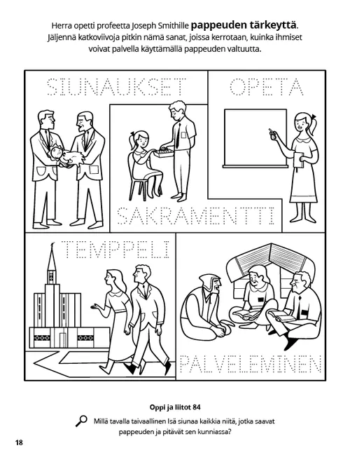 Värityskuvan PDF tavasta, jolla ihmiset voivat palvella pappeutta käyttäen, sekä ääriviivatehtävä