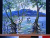 Oil painting in browns, blues and greens of the artist being baptized in the Dhiepper River.  Two men in white at center with large trees in foreground and hazy city across the river in the background under a cloudy sky.  Signed lower right.  N. Krisochenko 1998.