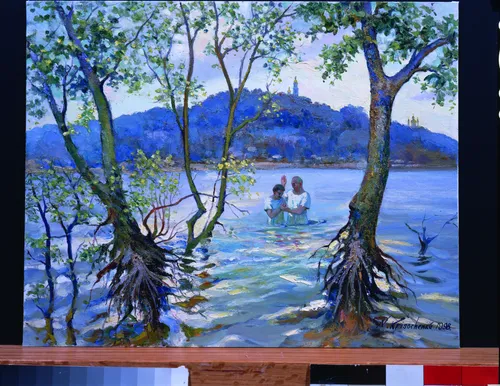 Oil painting in browns, blues and greens of the artist being baptized in the Dhiepper River.  Two men in white at center with large trees in foreground and hazy city across the river in the background under a cloudy sky.  Signed lower right.  N. Krisochenko 1998.