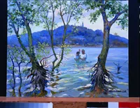 Oil painting in browns, blues and greens of the artist being baptized in the Dhiepper River.  Two men in white at center with large trees in foreground and hazy city across the river in the background under a cloudy sky.  Signed lower right.  N. Krisochenko 1998.
