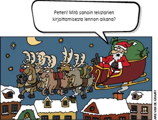 Joulupukki lentää porojen vetämällä reellä