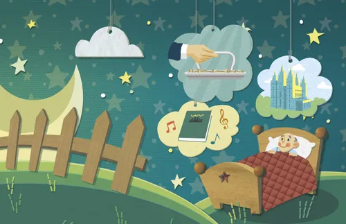 man awake in bed while images of a temple, a hymnbook, and a sacrament tray float around him